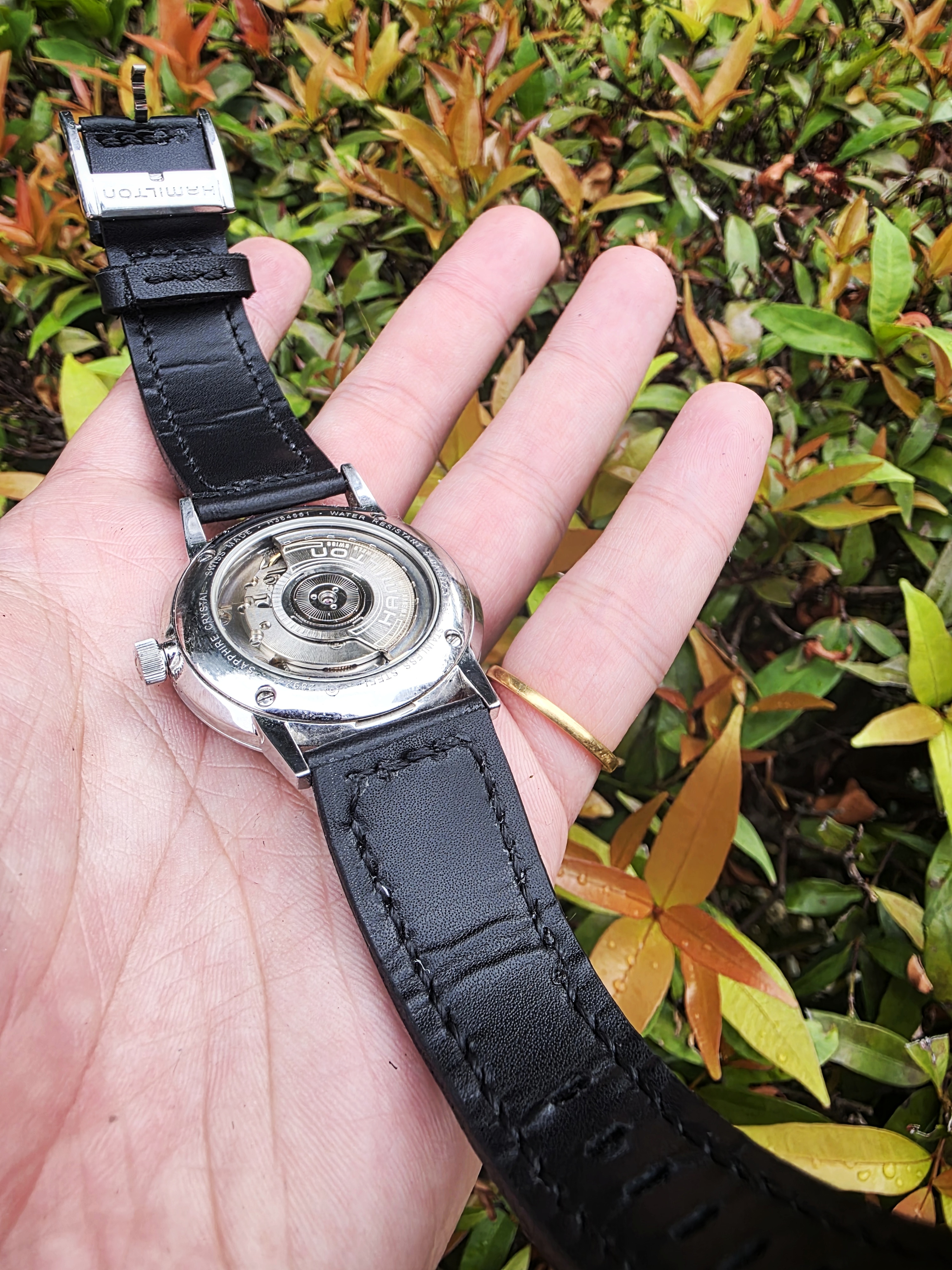 Showcase: The Rosewood: A black leather strap on a Hamilton watch