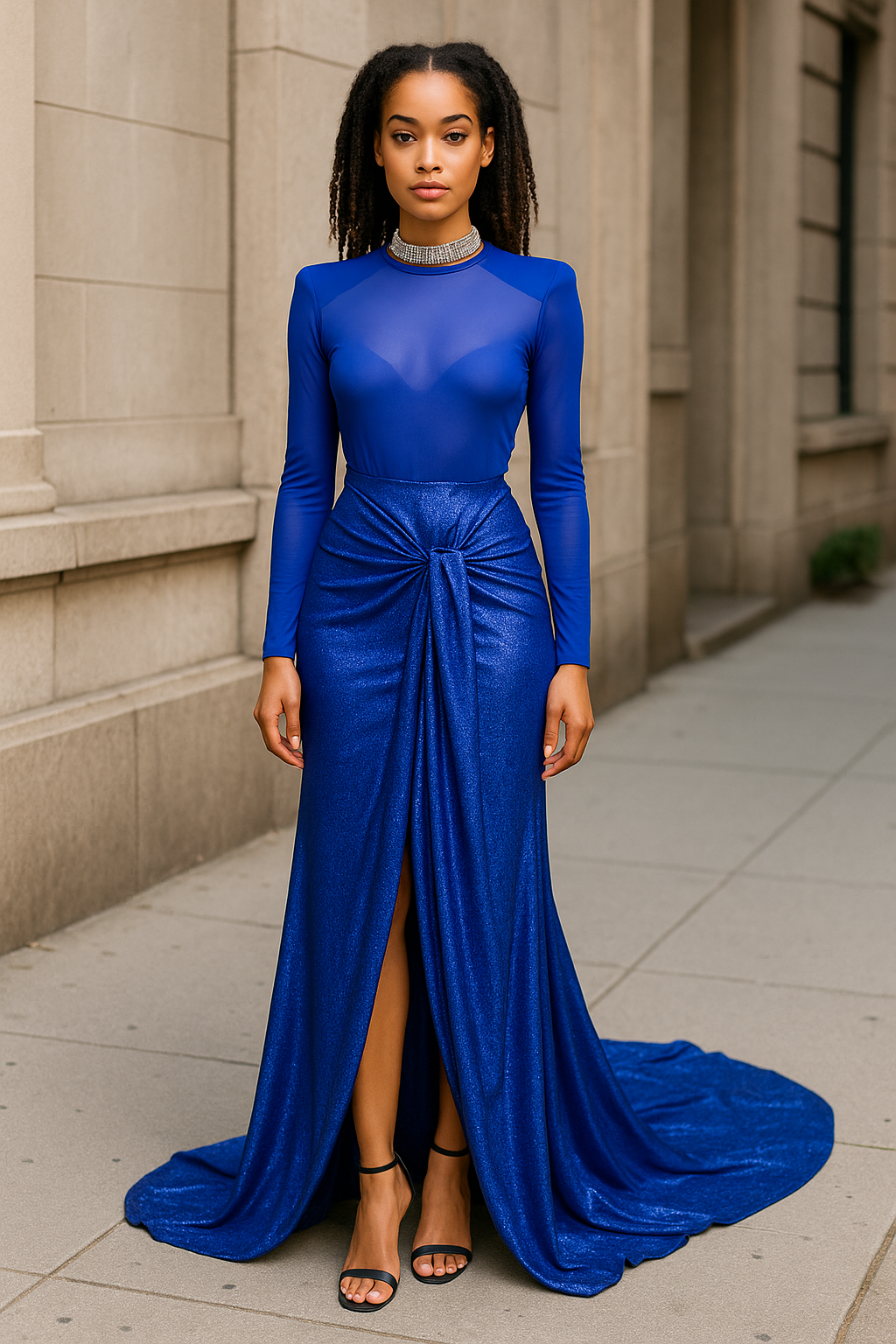 “Azzura” – Jupe longue satin bleu à traîne et fente centrale
