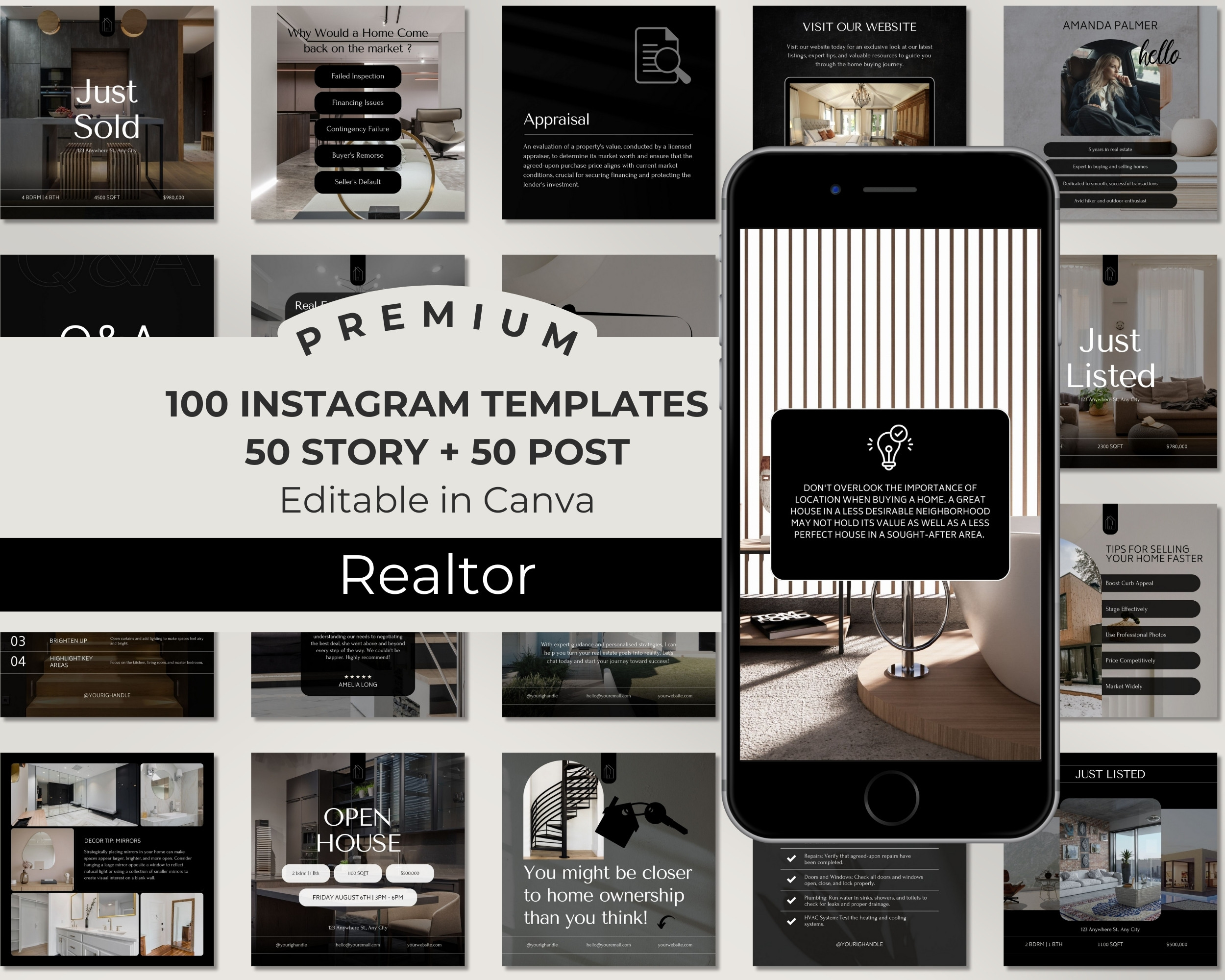 Instagram Template Bundle for Realtor: 50 Post + 50 Story Templates