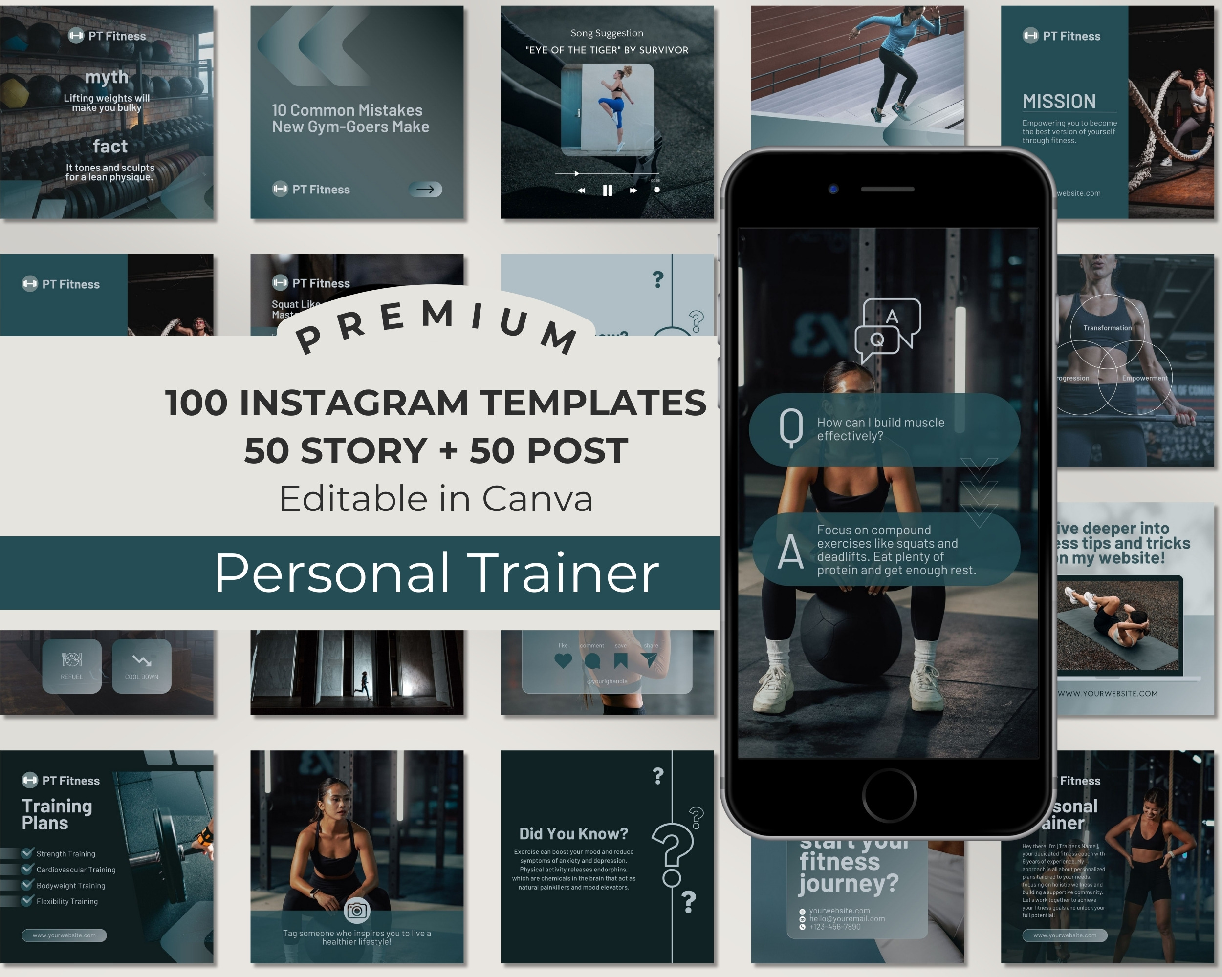 Instagram Template Bundle for Personal Trainer: 50 Post + 50 Story Templates