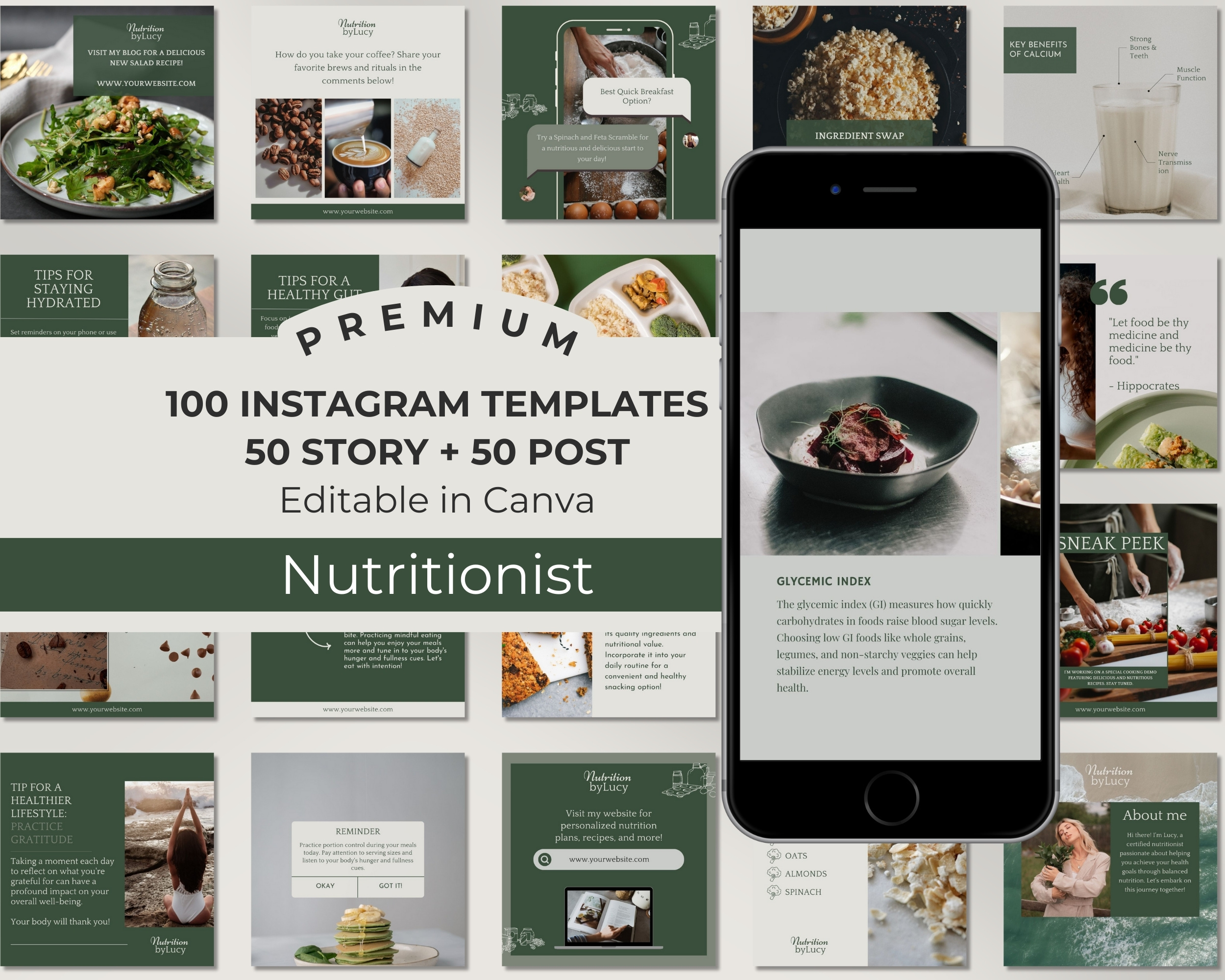 Instagram Template Bundle for Nutritionist: 50 Post + 50 Story Templates