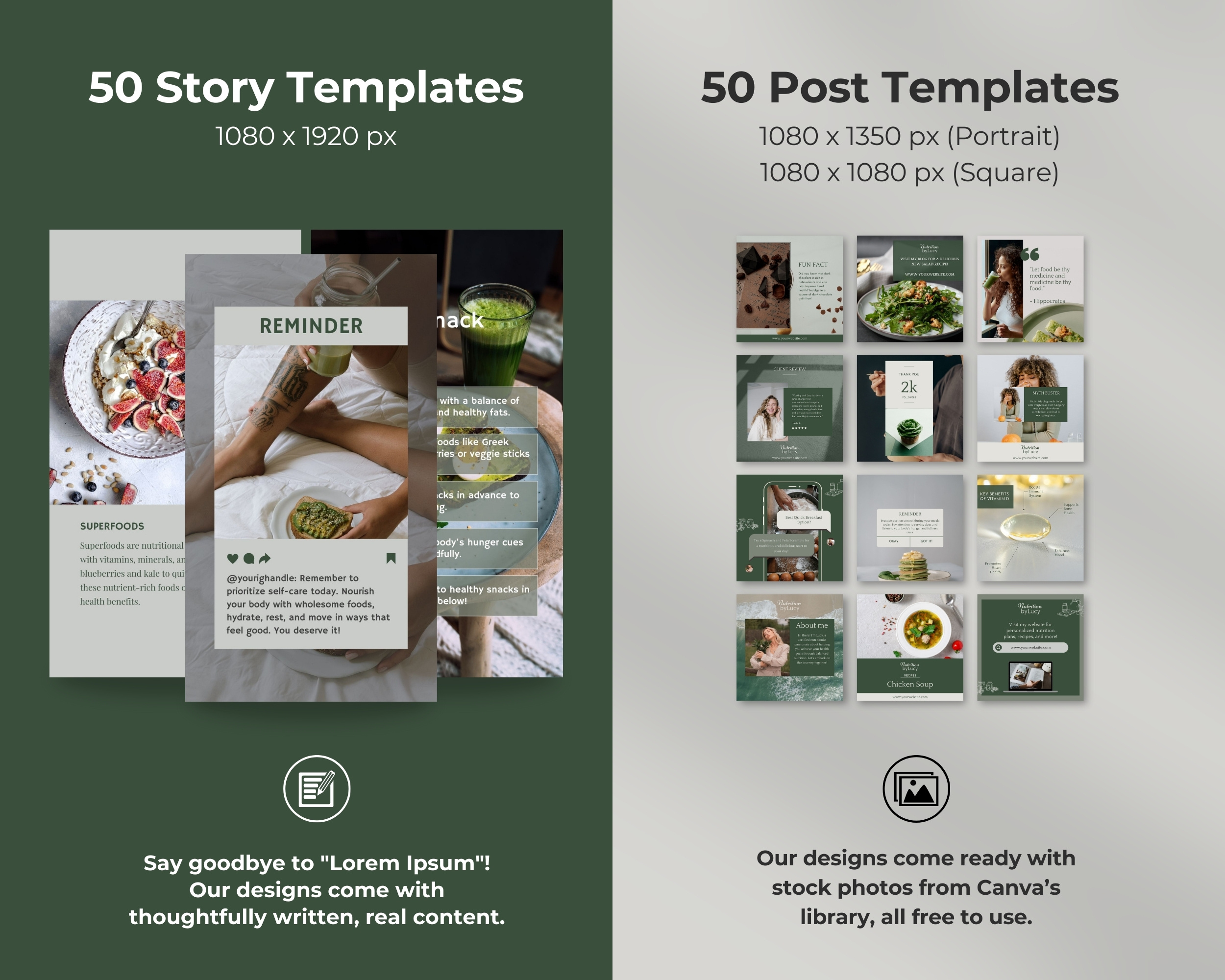 Instagram Template Bundle for Nutritionist: 50 Post + 50 Story Templates