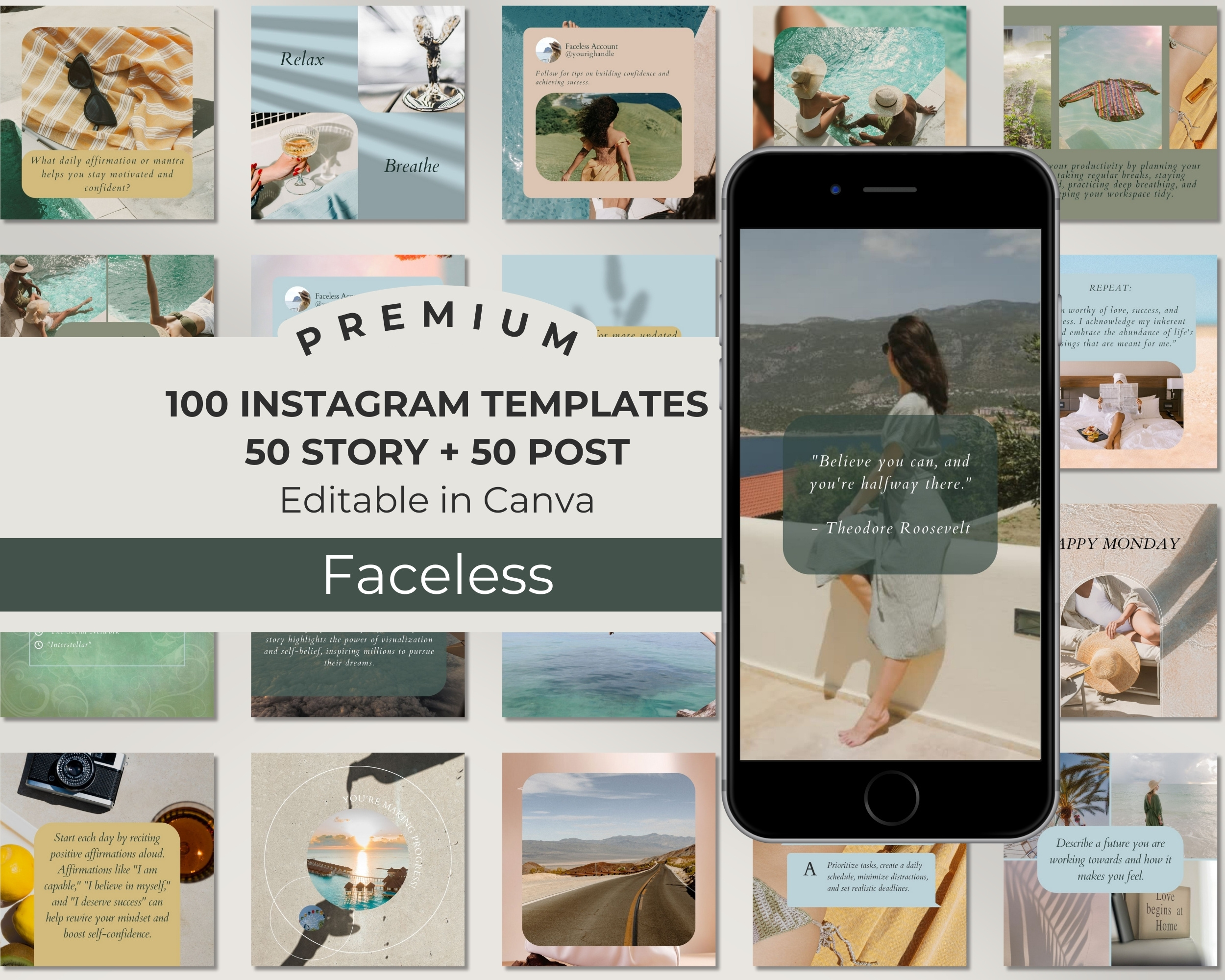 Instagram Template Bundle for Faceless Creator: 50 Post + 50 Story Templates