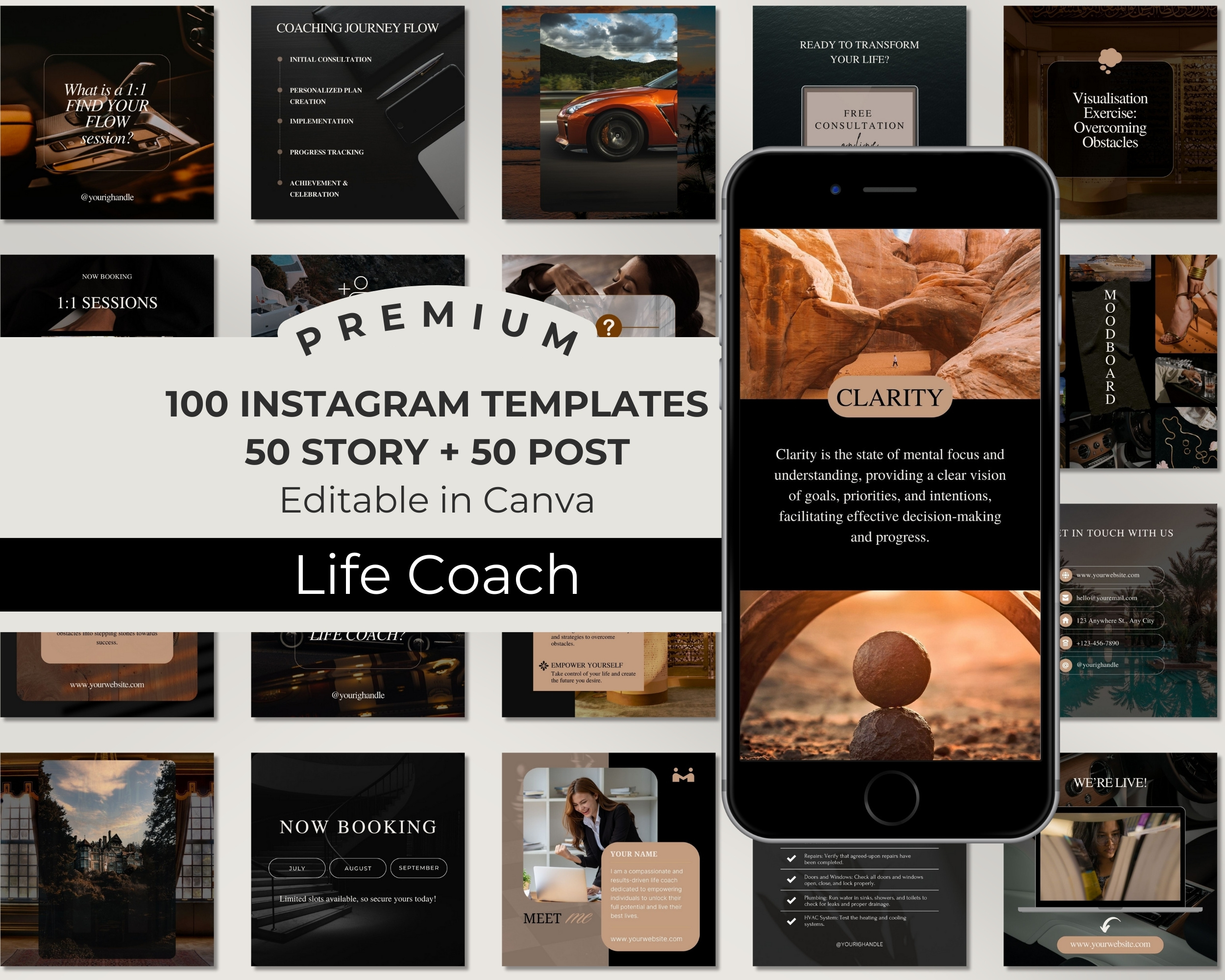 Instagram Template Bundle for Life Coach: 50 Post + 50 Story Templates