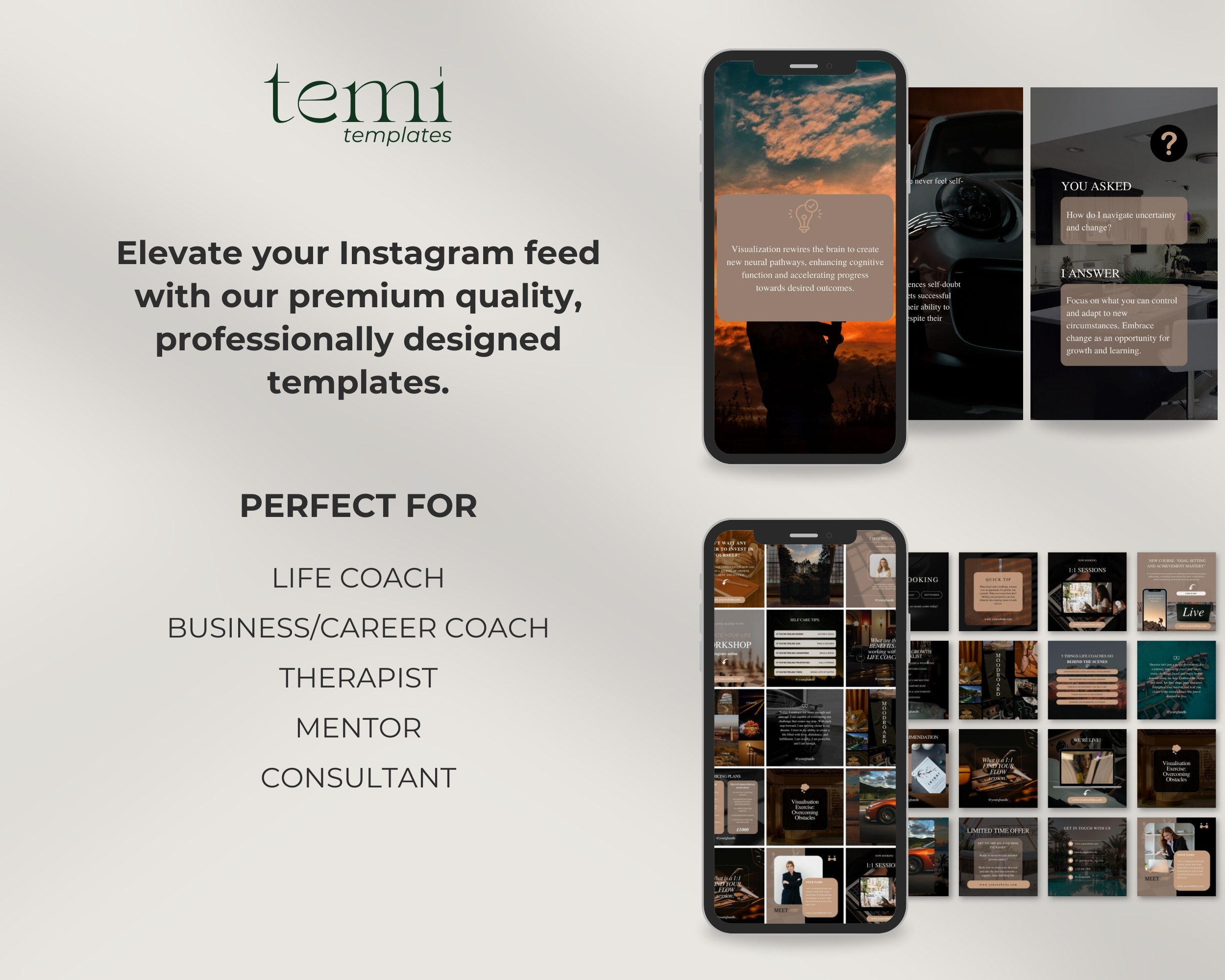 Instagram Template Bundle for Life Coach: 50 Post + 50 Story Templates