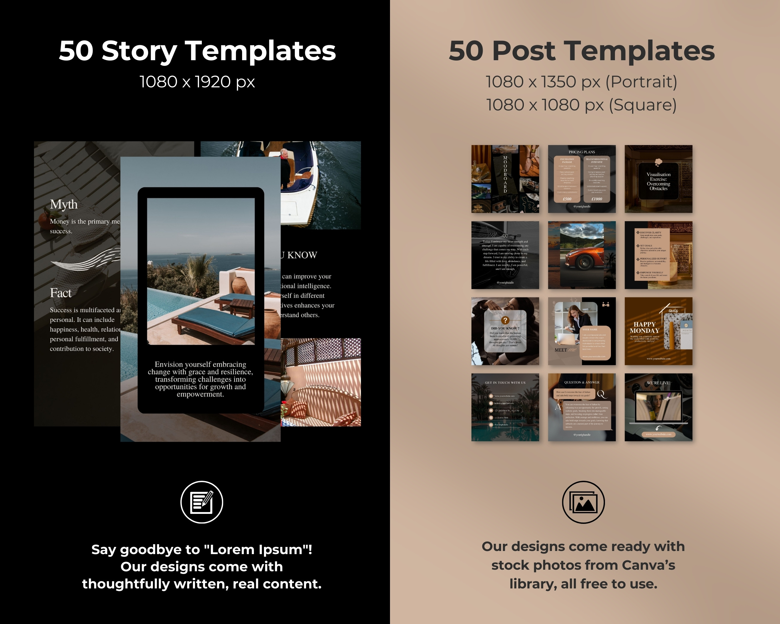 Instagram Template Bundle for Life Coach: 50 Post + 50 Story Templates