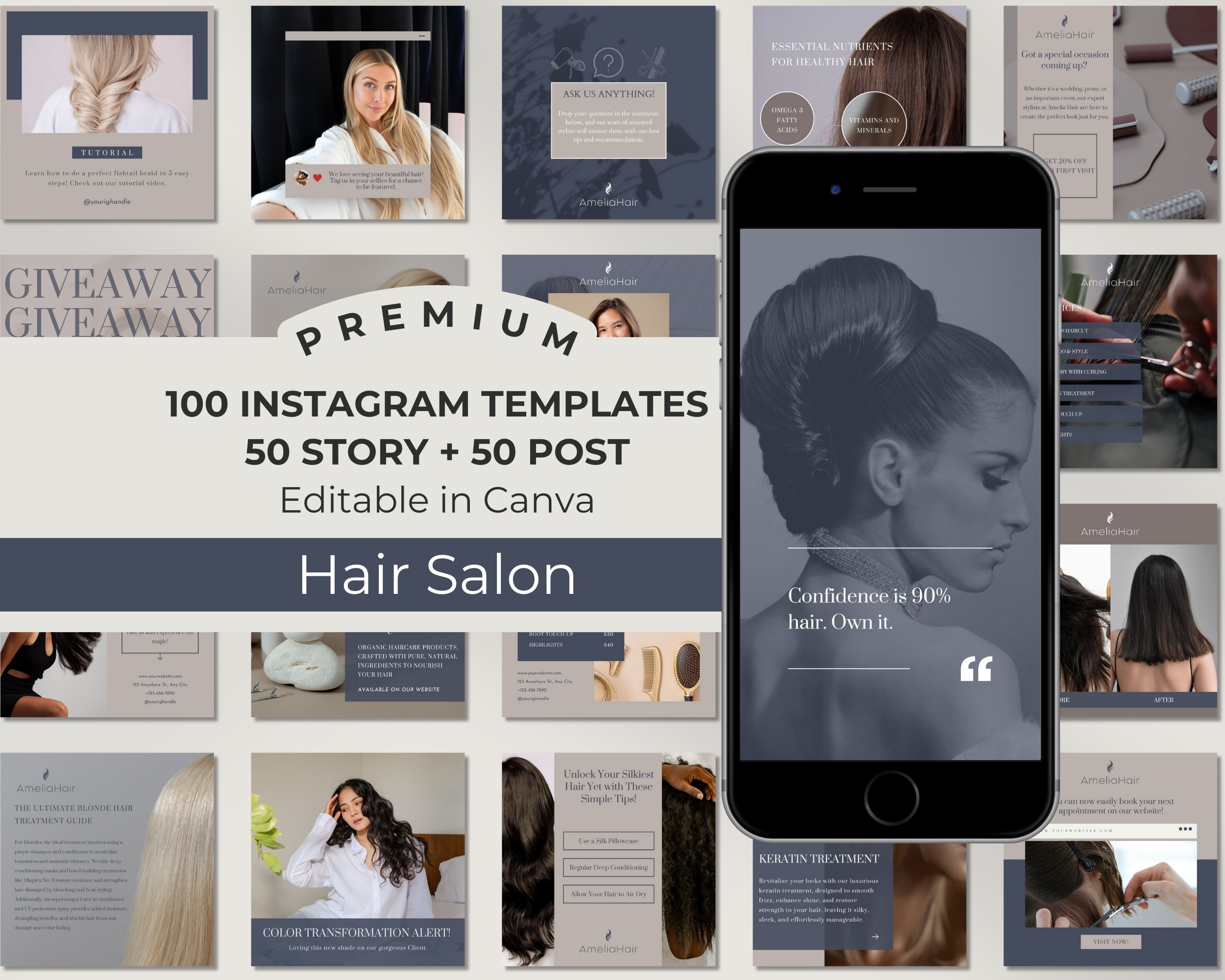 Instagram Template Bundle for Hair Salon: 50 Post + 50 Story Templates