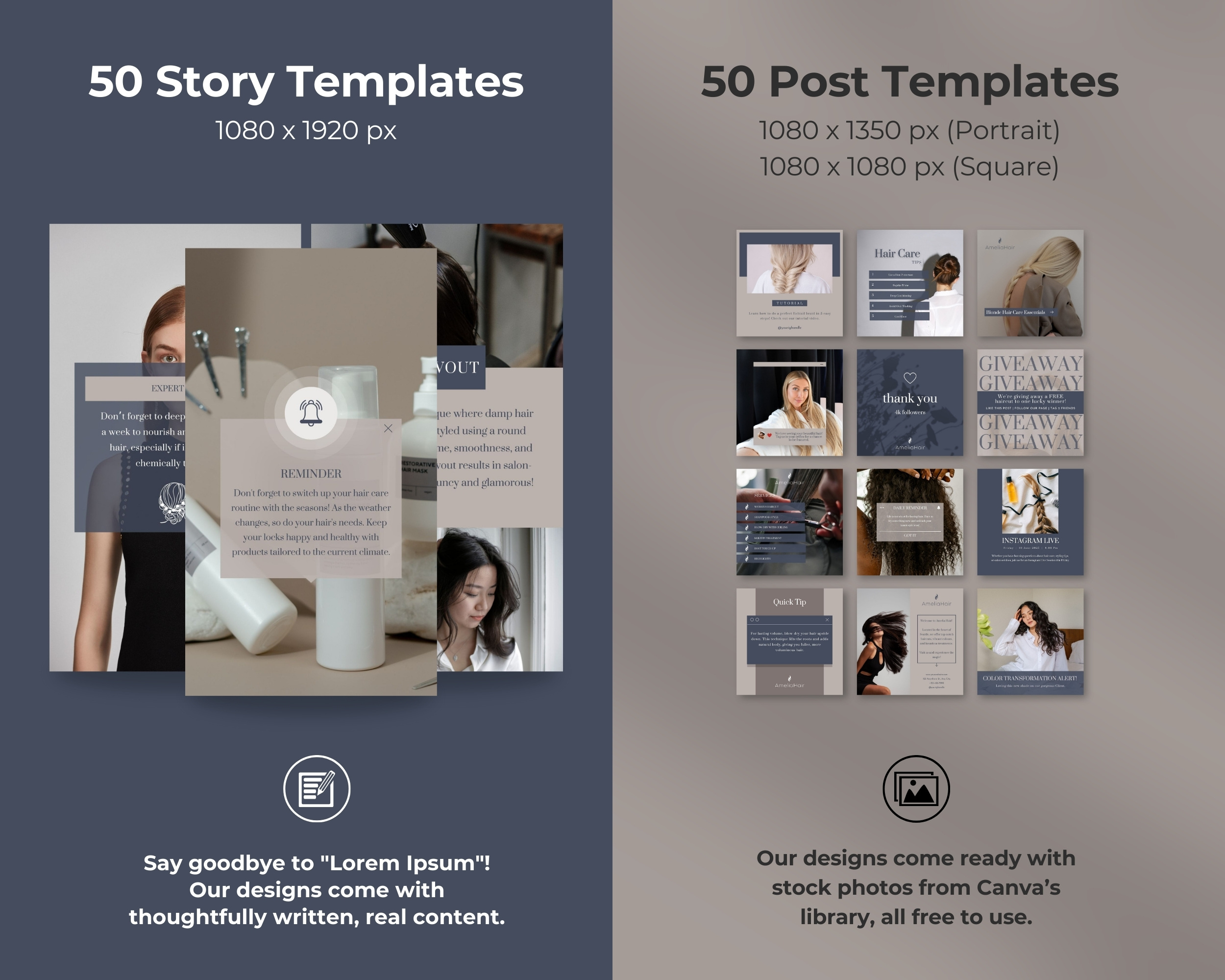 Instagram Template Bundle for Hair Salon: 50 Post + 50 Story Templates