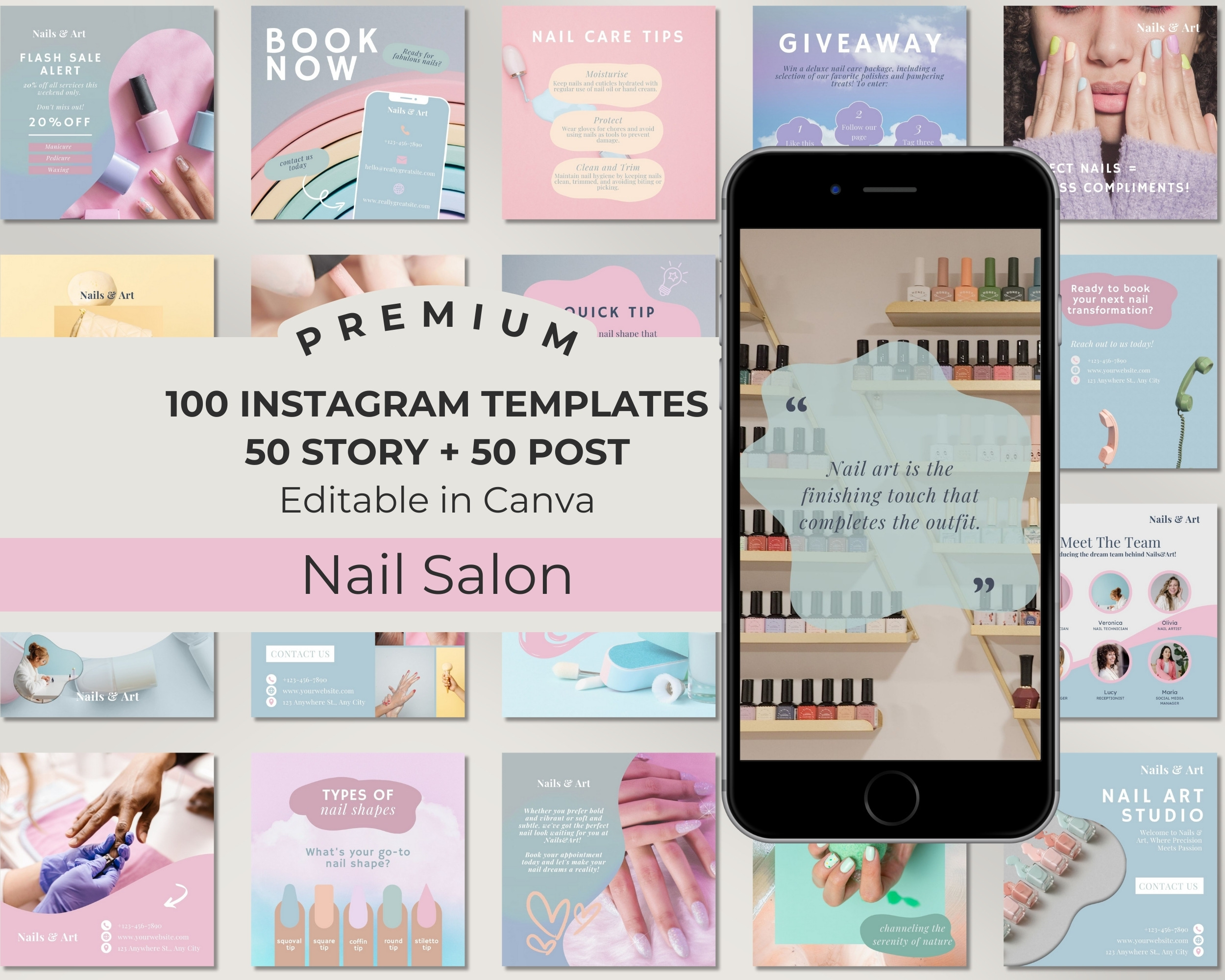 Instagram Template Bundle for Nail Salon: 50 Post + 50 Story Templates