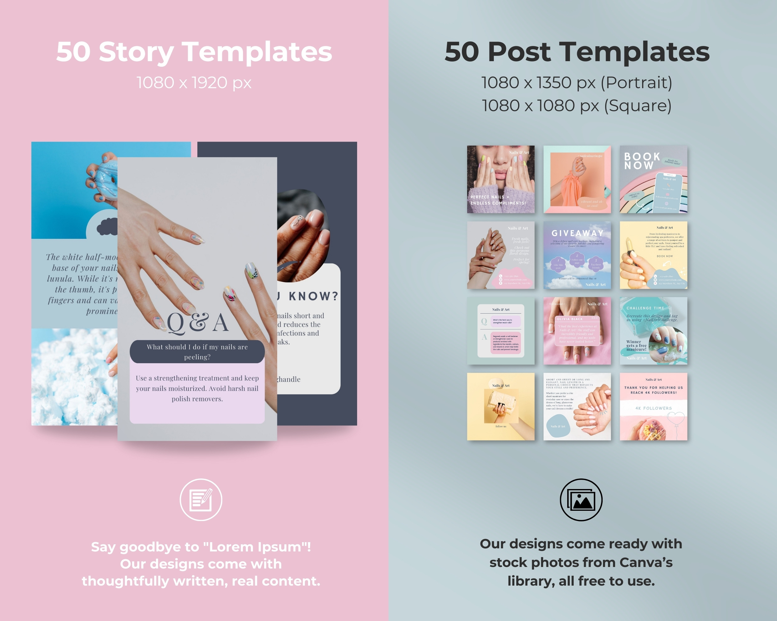 Instagram Template Bundle for Nail Salon: 50 Post + 50 Story Templates