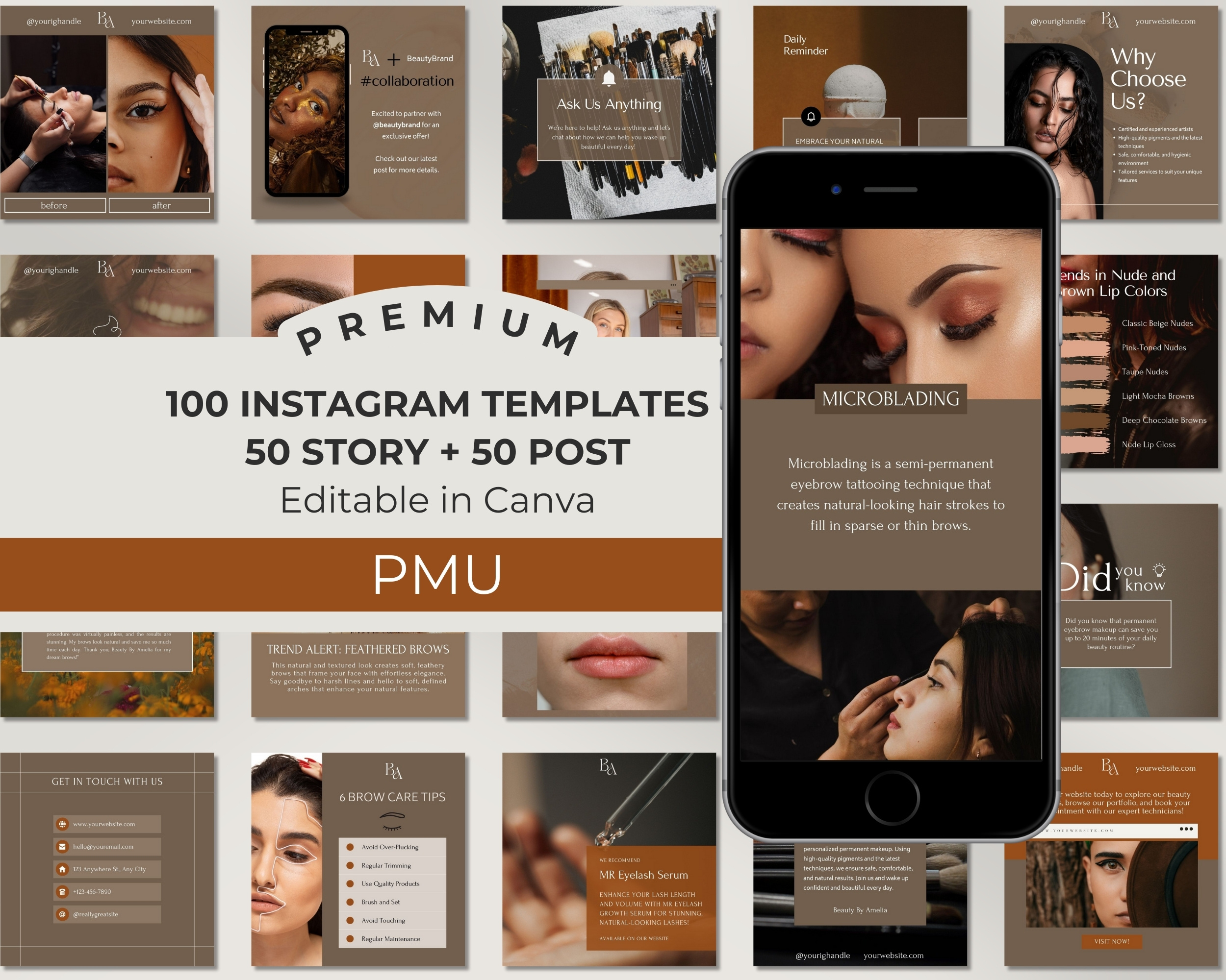 Instagram Template Bundle for PMU Artist: 50 Post + 50 Story Templates