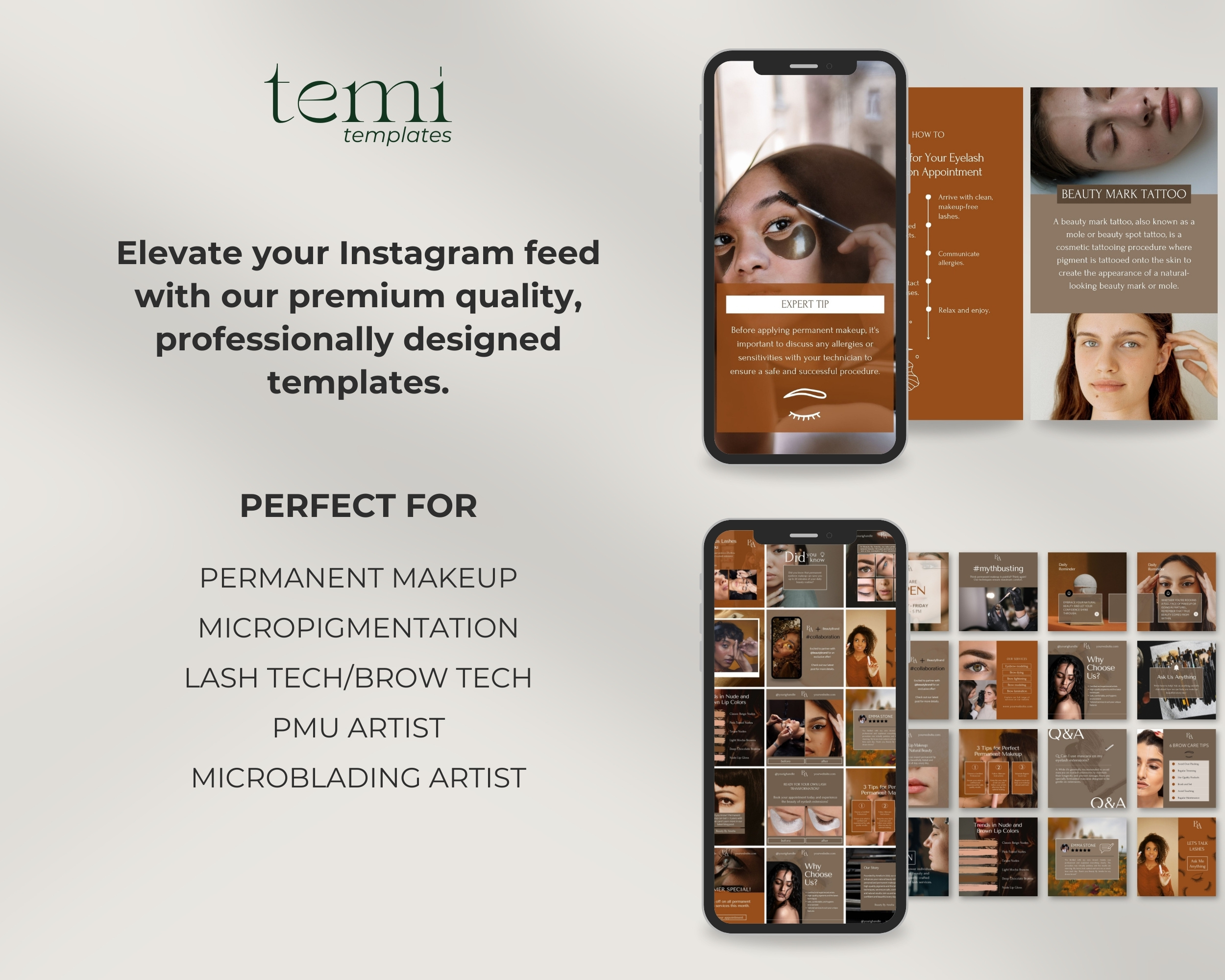 Instagram Template Bundle for PMU Artist: 50 Post + 50 Story Templates