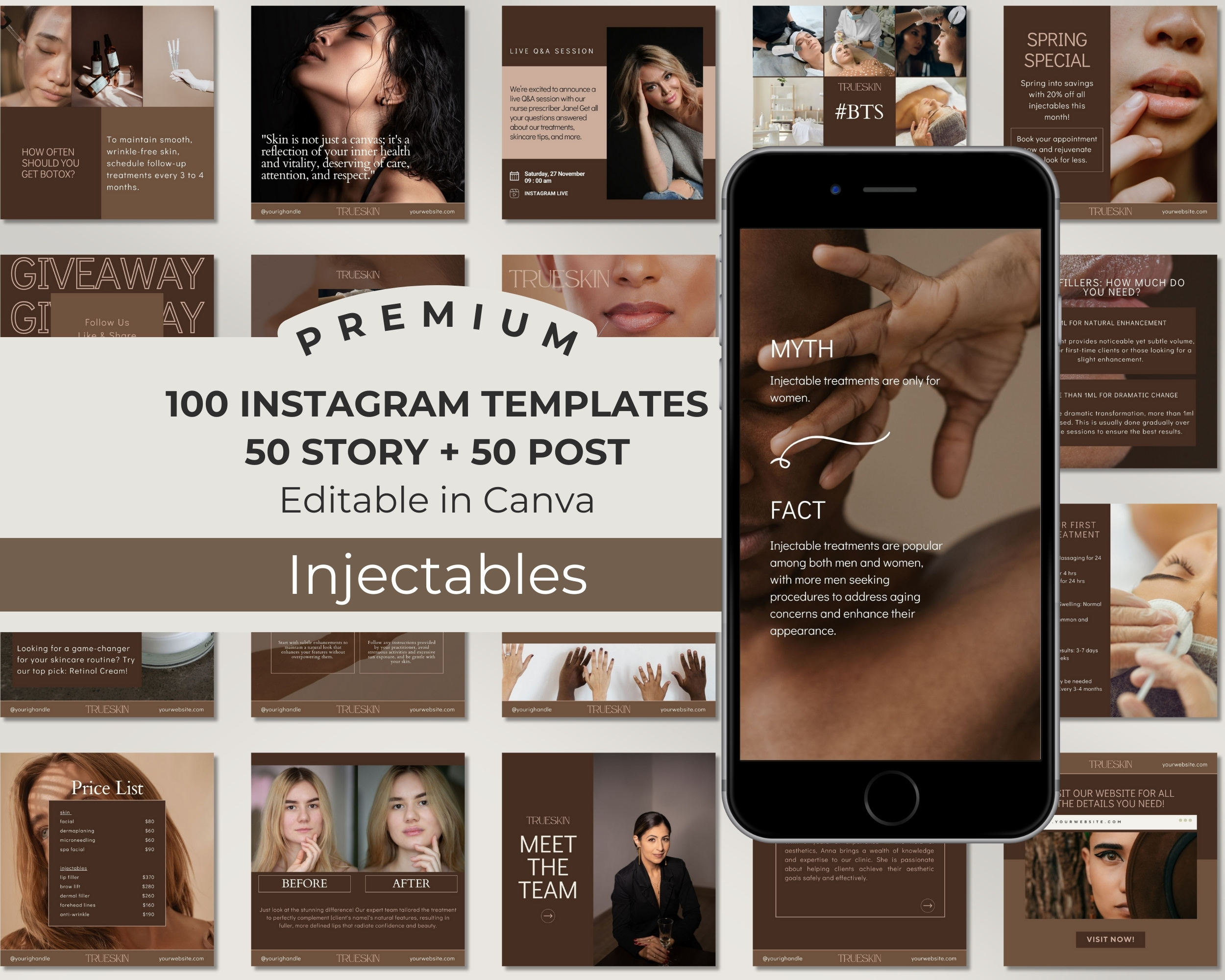 Instagram Template Bundle for Injectables Clinic: 50 Post + 50 Story Templates