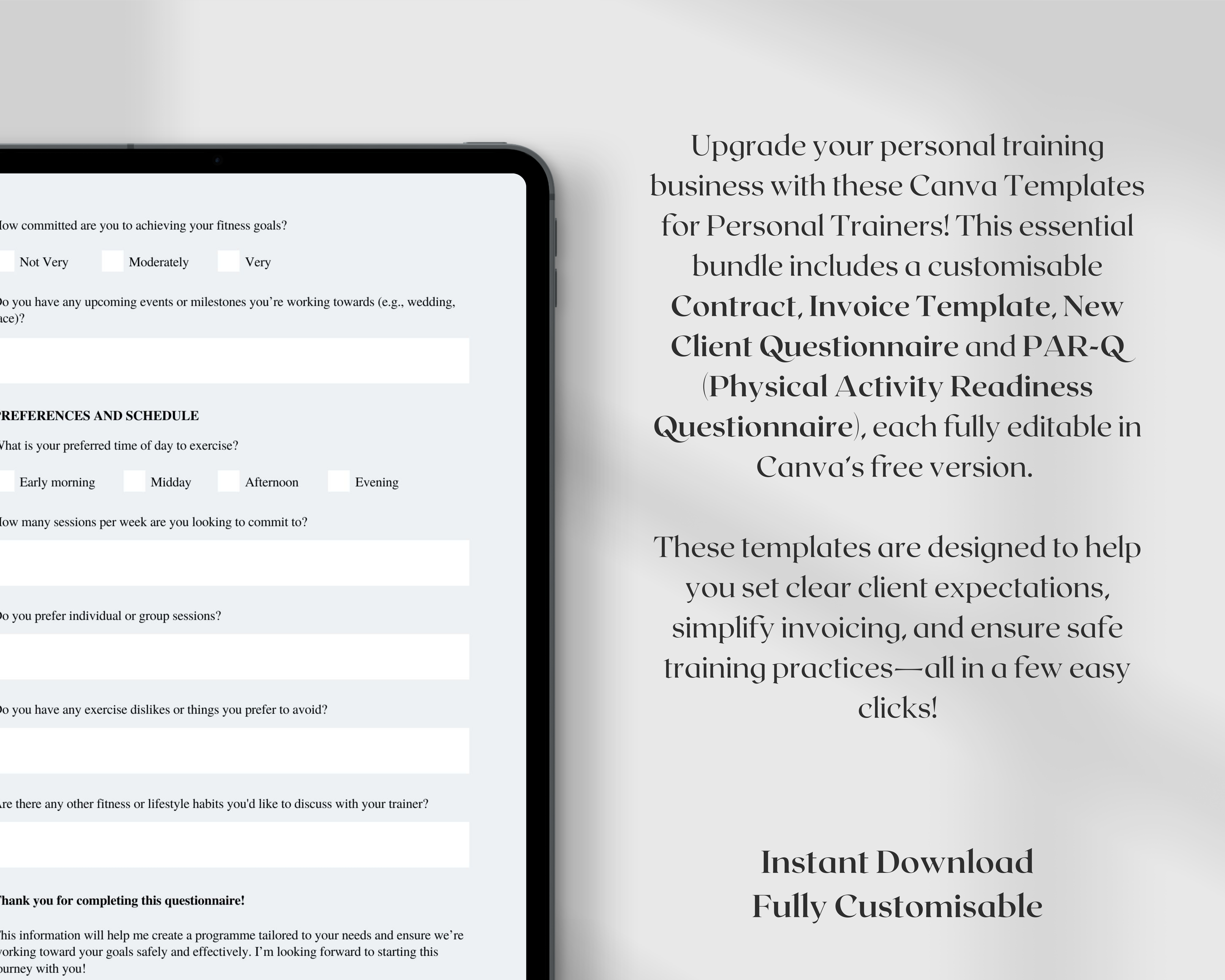 Personal Trainer Templates: Contract, Invoice, Questionnaire & PAR-Q Form