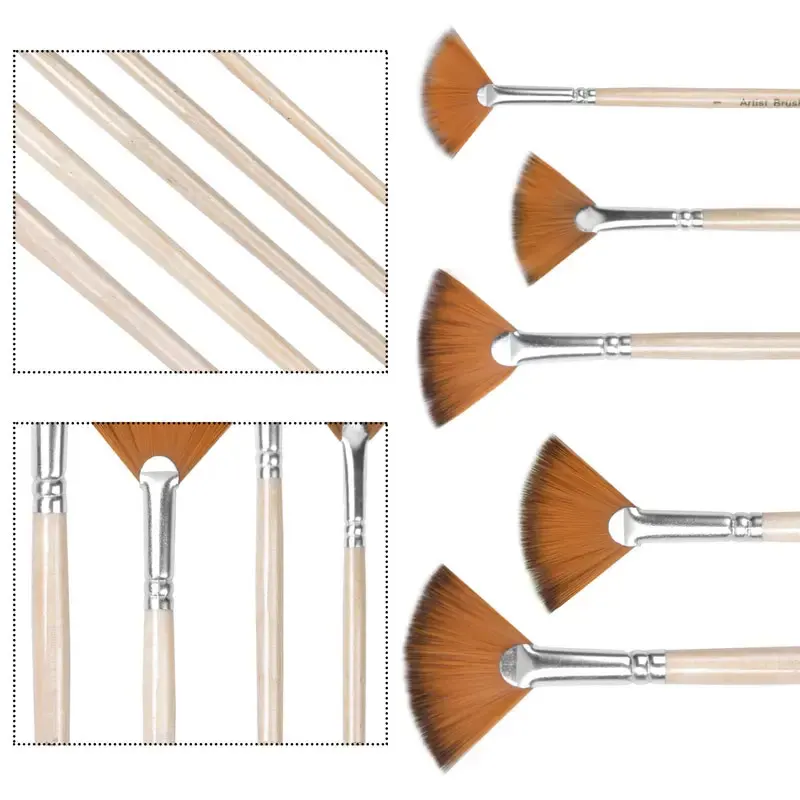 Set de 5 Pinceles punta de abanico con cerda de nylon para pintura al oleo, acrilico, goauche y acuarela