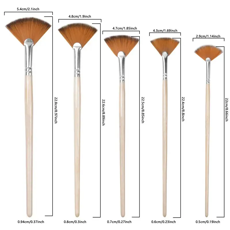 Set de 5 Pinceles punta de abanico con cerda de nylon para pintura al oleo, acrilico, goauche y acuarela