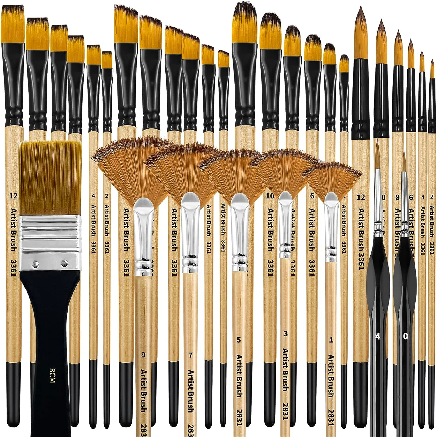 Set profesional de pinceles para oleo y acrilico, contiene 32 unidades, pinceles redondos, planos, angulo, filbert, abanico y de detalle, color madera