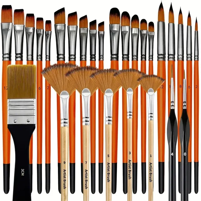Set profesional de pinceles para oleo y acrilico, contiene 32 unidades, pinceles redondos, planos, angulo, filbert, abanico y de detalle, color naranja mango corto