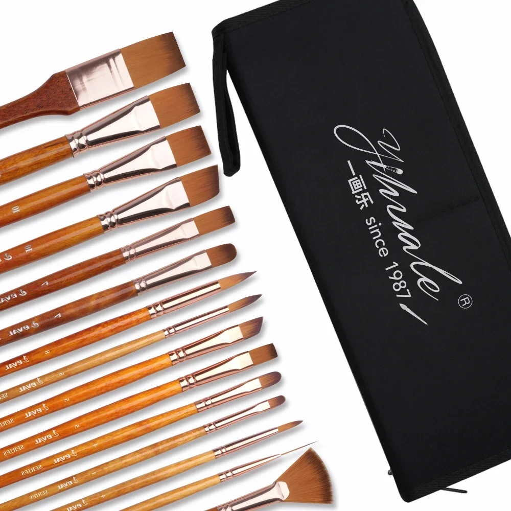 Set de 15 pinceles para pintura al óleo, acuarela, gouache, acrílico, pinceles de dos tonos, nailon, pelo naranja, madera maciza, mango largo