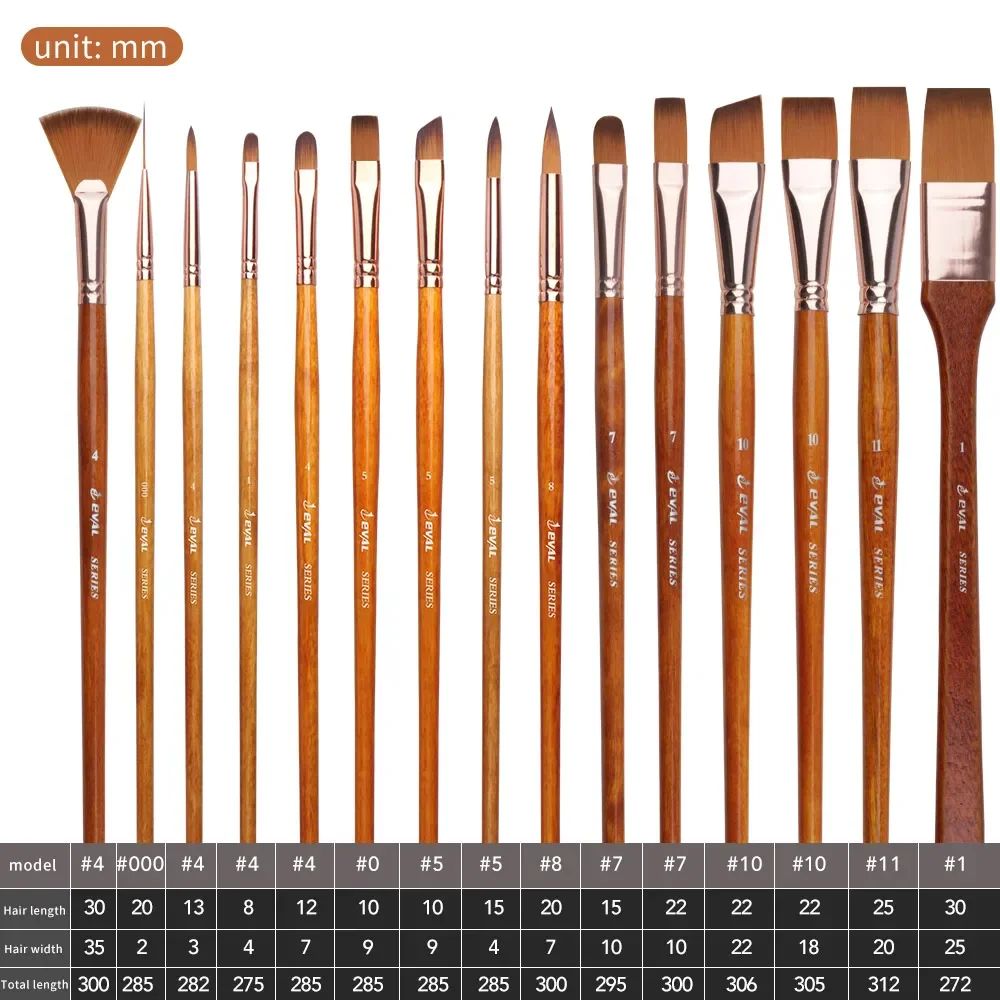 Set de 15 pinceles para pintura al óleo, acuarela, gouache, acrílico, pinceles de dos tonos, nailon, pelo naranja, madera maciza, mango largo