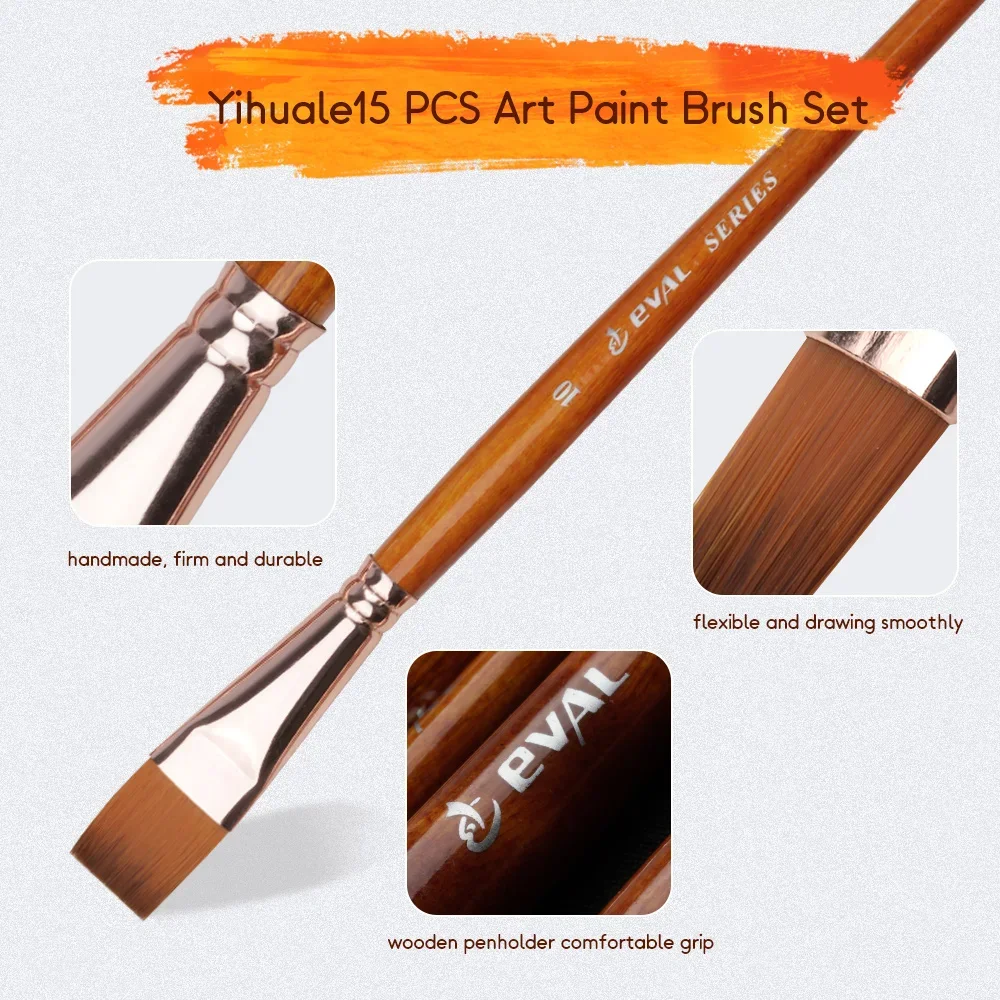 Set de 15 pinceles para pintura al óleo, acuarela, gouache, acrílico, pinceles de dos tonos, nailon, pelo naranja, madera maciza, mango largo