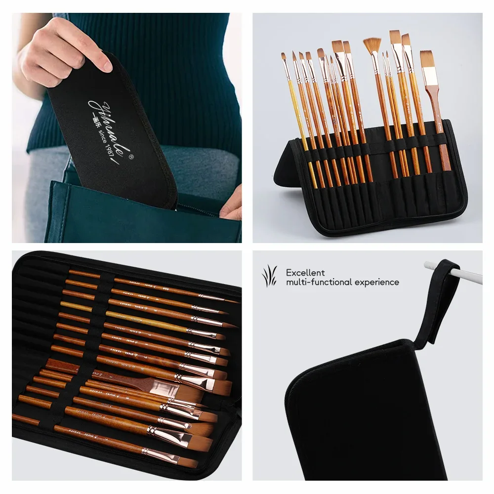 Set de 15 pinceles para pintura al óleo, acuarela, gouache, acrílico, pinceles de dos tonos, nailon, pelo naranja, madera maciza, mango largo