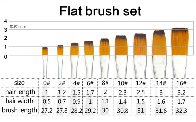 Set de 9 pinceles para pintura al oleo tipo plano con cerda de Nailon y mango largo