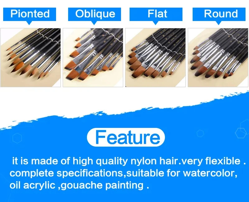 Set de 9 pinceles para pintura al oleo tipo plano con cerda de Nailon y mango largo