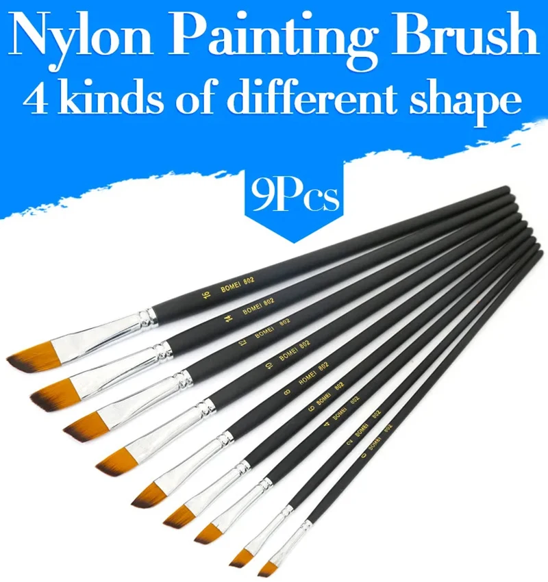 Set de 9 pinceles para pintura al oleo tipo angulo con cerda de Nailon y mango largo