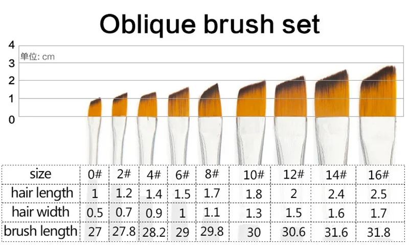 Set de 9 pinceles para pintura al oleo tipo angulo con cerda de Nailon y mango largo