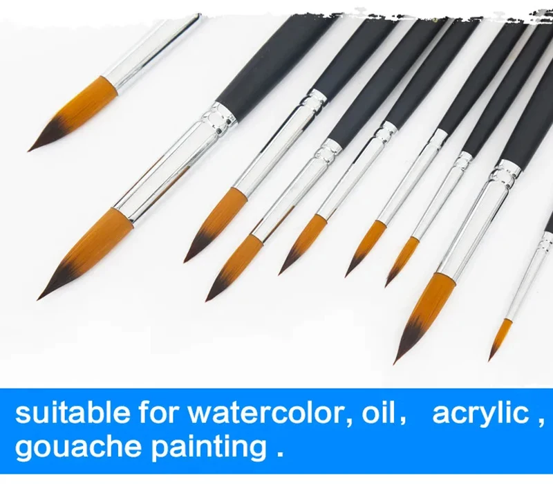 Set de 9 pinceles para pintura al oleo tipo round point con cerda de Nailon y mango largo
