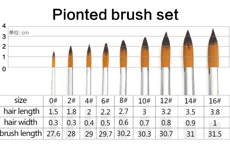 Set de 9 pinceles para pintura al oleo tipo round point con cerda de Nailon y mango largo