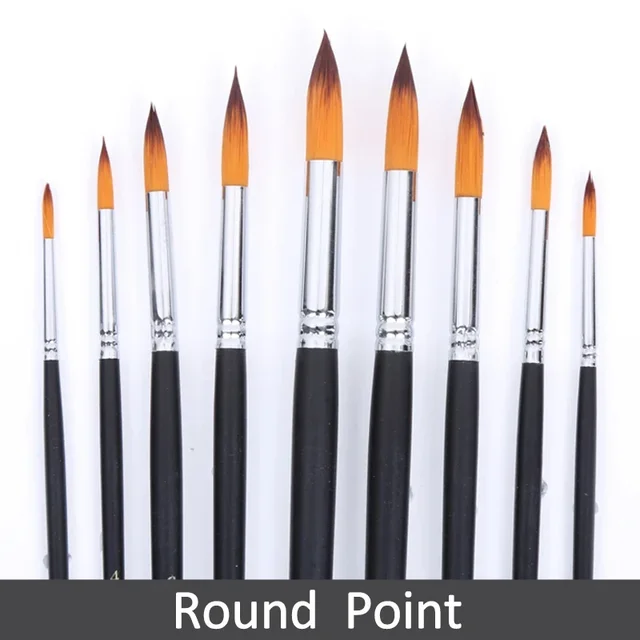 Set de 9 pinceles para pintura al oleo tipo round point con cerda de Nailon y mango largo