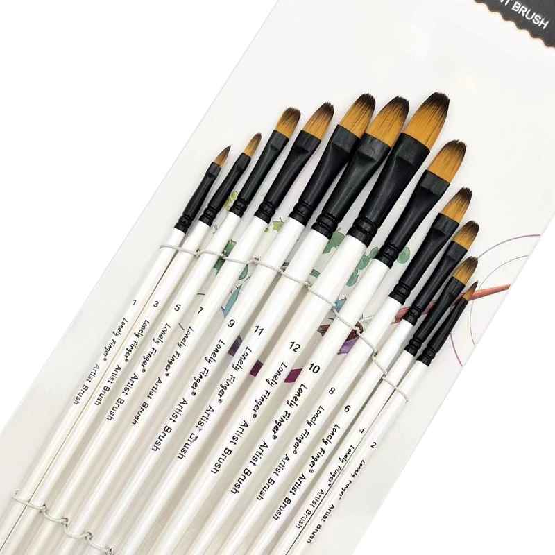 Set de 12 pinceles para pintura al oleo tipo filbert con cerda de Nailon y mango corto