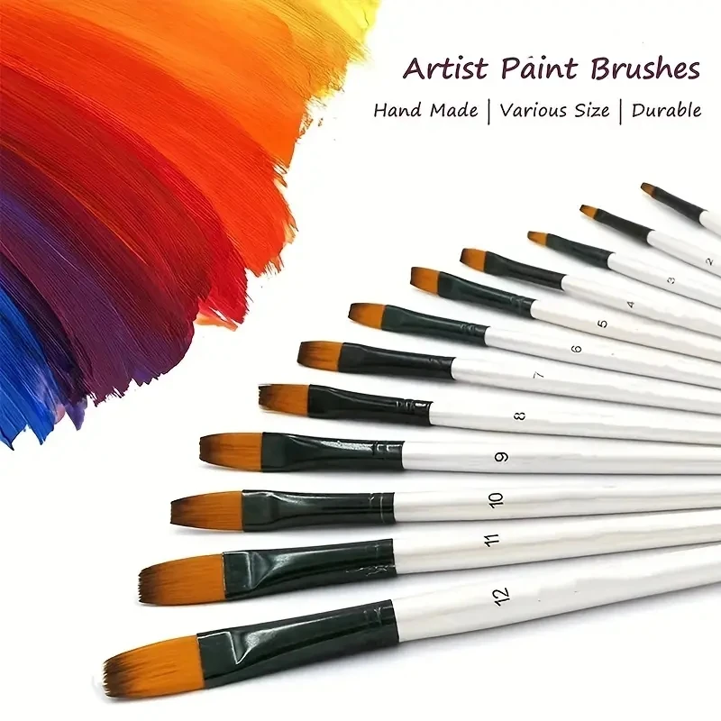 Set de 12 pinceles para pintura al oleo tipo plano con cerda de Nailon y mango corto
