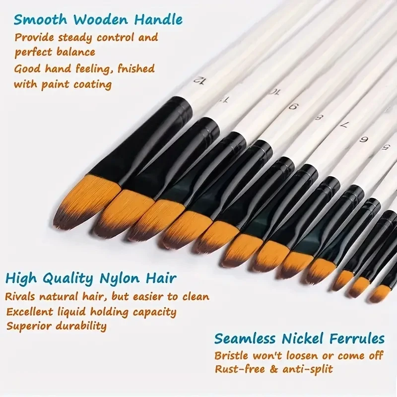 Set de 12 pinceles para pintura al oleo tipo plano con cerda de Nailon y mango corto