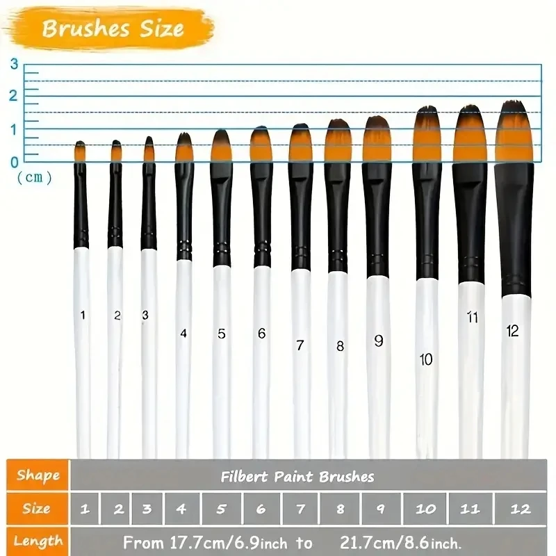 Set de 12 pinceles para pintura al oleo tipo plano con cerda de Nailon y mango corto
