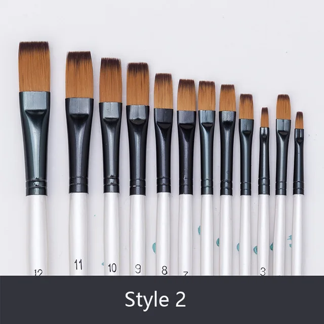 Set de 12 pinceles para pintura al oleo tipo plano con cerda de Nailon y mango corto