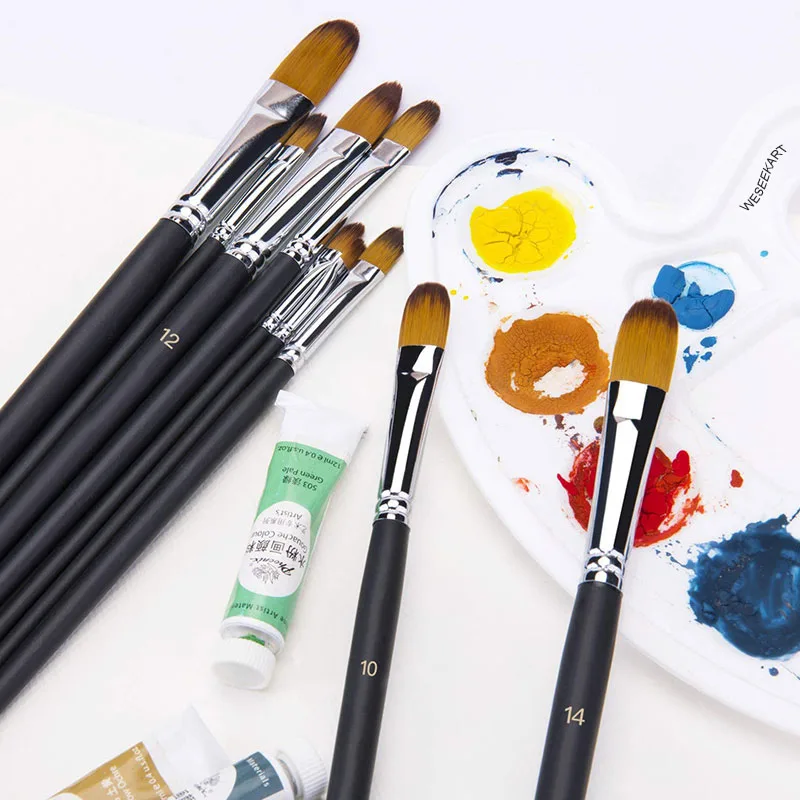 Set de 9 pinceles para pintura al oleo tipo filbert con cerda de Nailon y mango largo