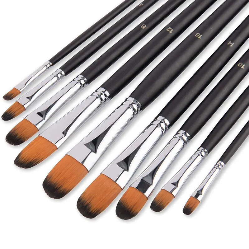 Set de 9 pinceles para pintura al oleo tipo filbert con cerda de Nailon y mango largo