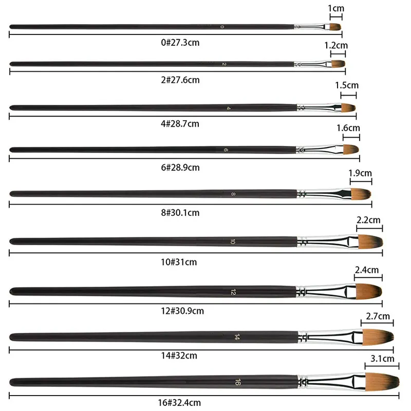 Set de 9 pinceles para pintura al oleo tipo filbert con cerda de Nailon y mango largo