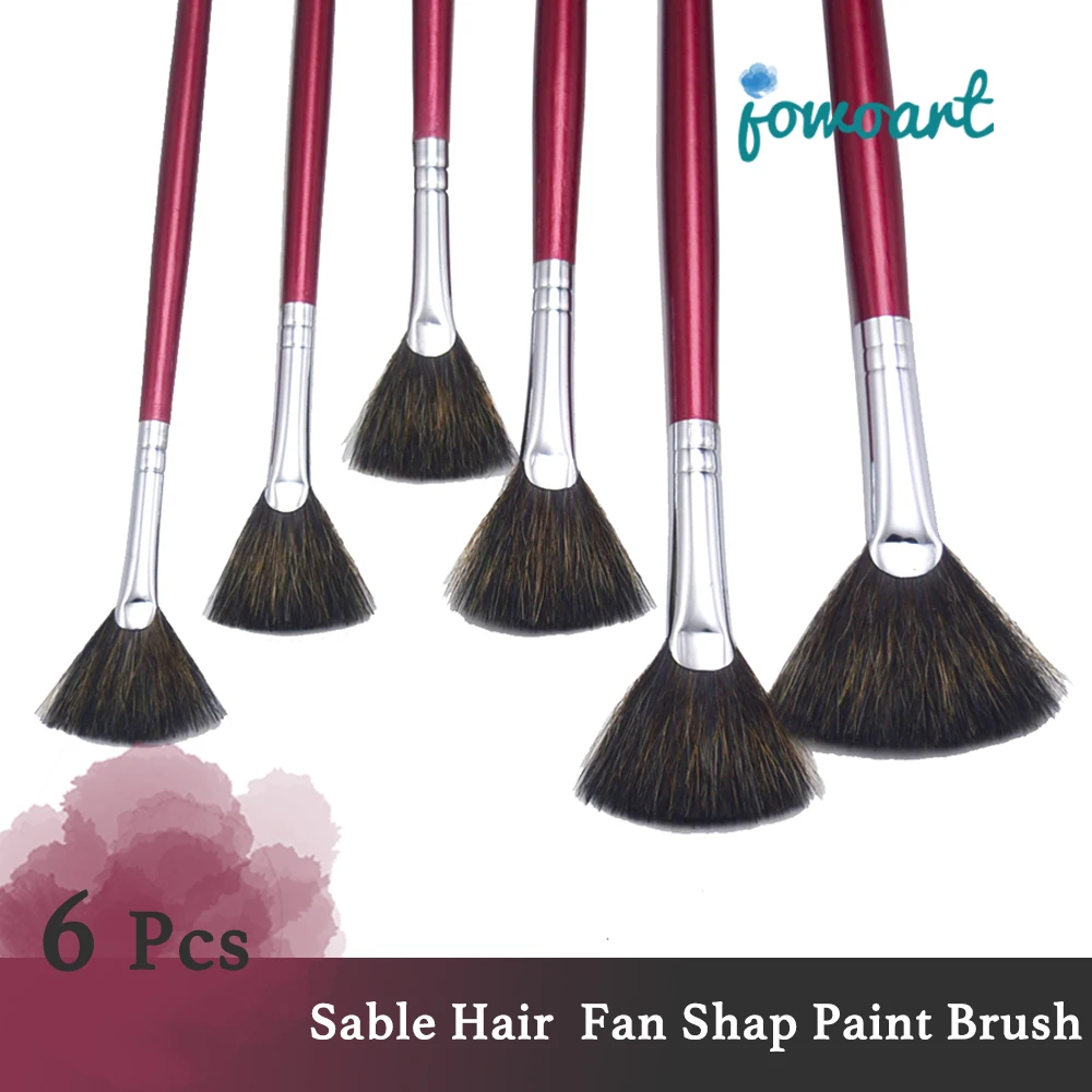 Set de 6 pinceles punta abanico, pelo de sable de alta calidad para pintura al oleo, acrilico, goauche y acuarela, mango largo