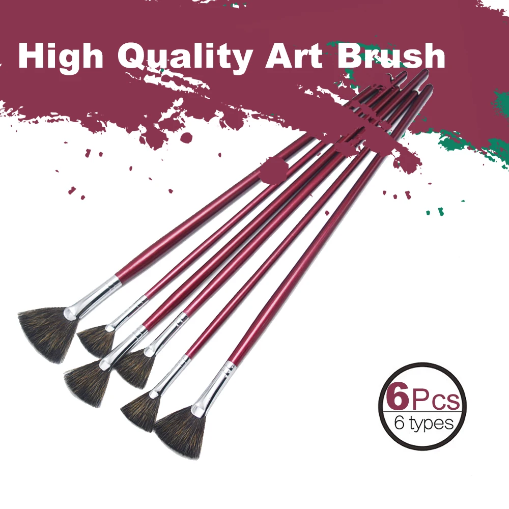 Set de 6 pinceles punta abanico, pelo de sable de alta calidad para pintura al oleo, acrilico, goauche y acuarela, mango largo