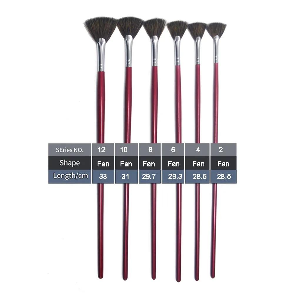Set de 6 pinceles punta abanico, pelo de sable de alta calidad para pintura al oleo, acrilico, goauche y acuarela, mango largo