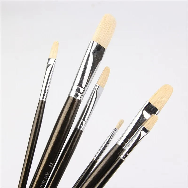 Set de 6 Pinceles tipo filbert de  pelo de cerdo para oleo y acrilico, mango largo