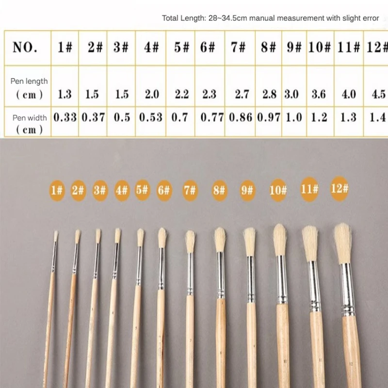 Set de 12 Pinceles redondos de  pelo de cerdo para oleo y acrilico, mango largo