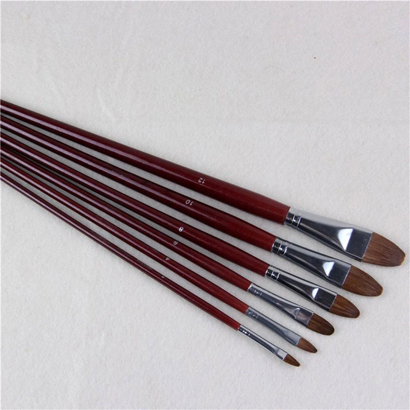 Set de 6 pinceles tipo filbert de pelo de comadreja, mango largo para pintura al oleo y acrilico, PROFESIONAL