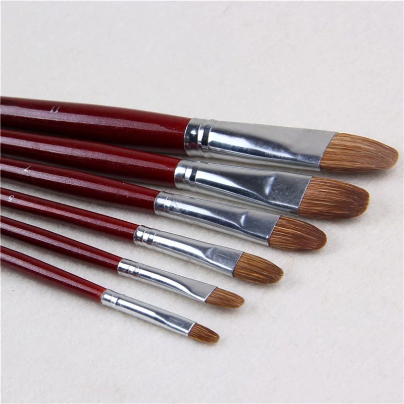Set de 6 pinceles tipo filbert de pelo de comadreja, mango largo para pintura al oleo y acrilico, PROFESIONAL