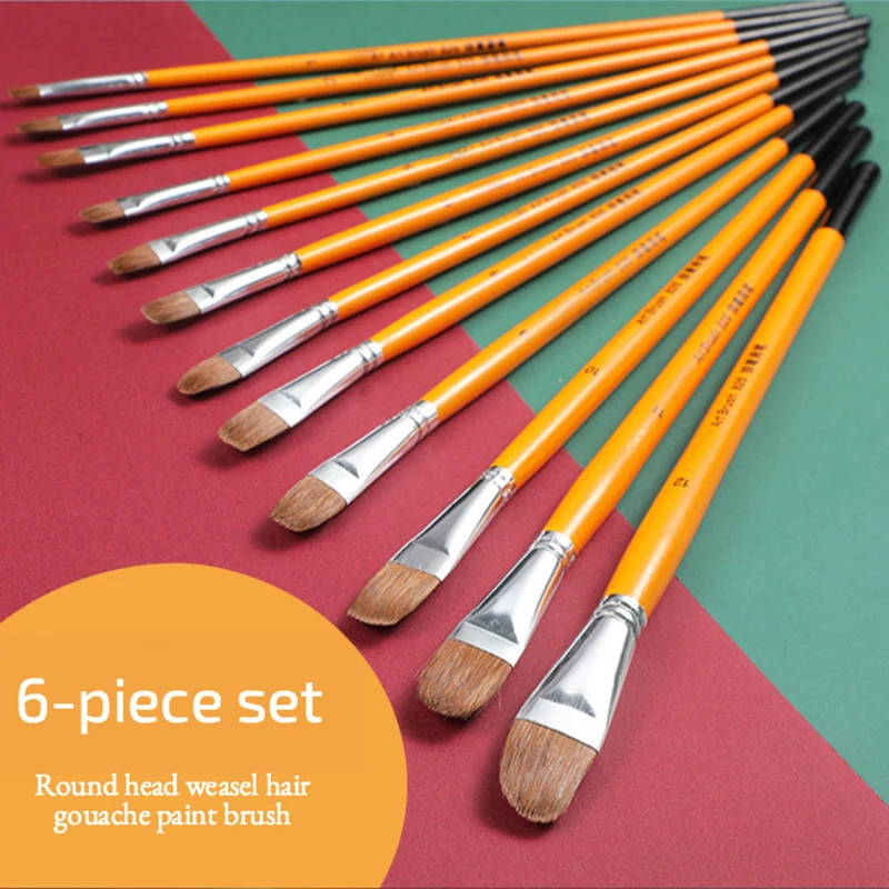 Set de 6 pinceles tipo filbert de pelo de comadreja, mango largo para pintura al oleo y acrilico, PROFESIONAL