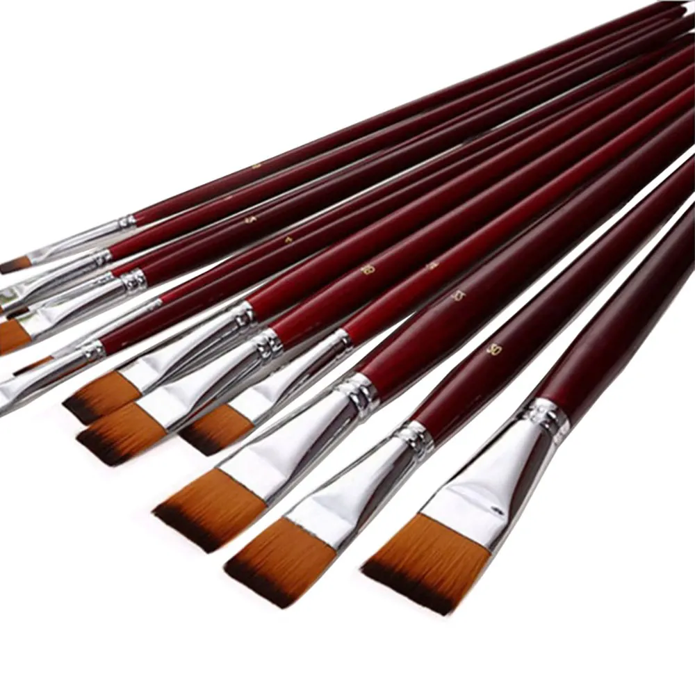 Set de 12 pinceles para pintura al oleo tipo plano con cerda de Nailon y mango largo, PROFESIONAL